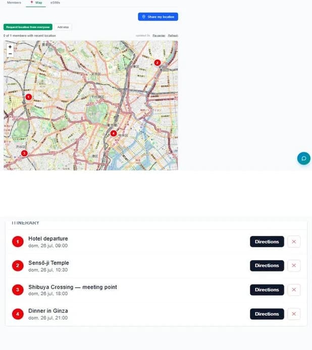 Shared group map with the day's stops in Tokyo