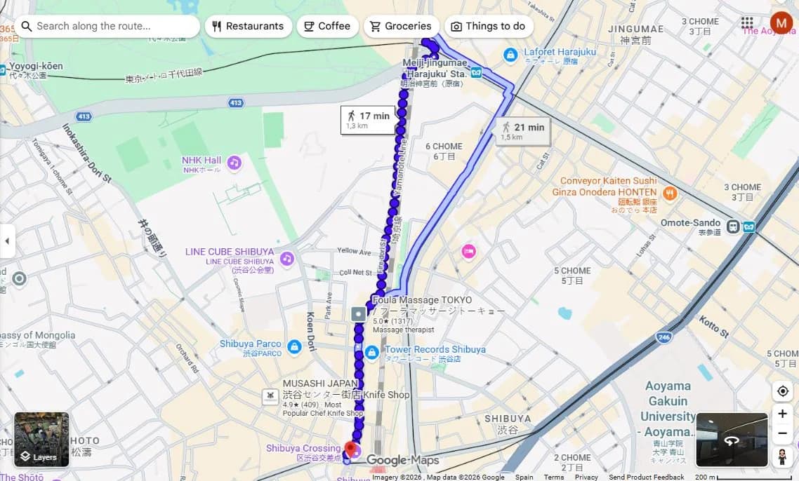 Google Maps walking directions to the group's meeting point