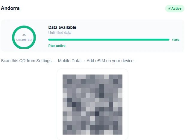 Telcomia dashboard showing an active eSIM with its activation QR code