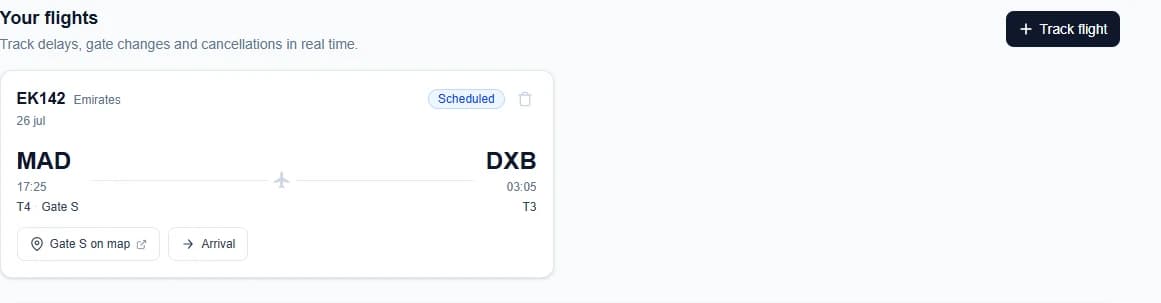Telcomia flight tracker: flight EK142 Madrid-Dubai with Scheduled status, terminal and gate